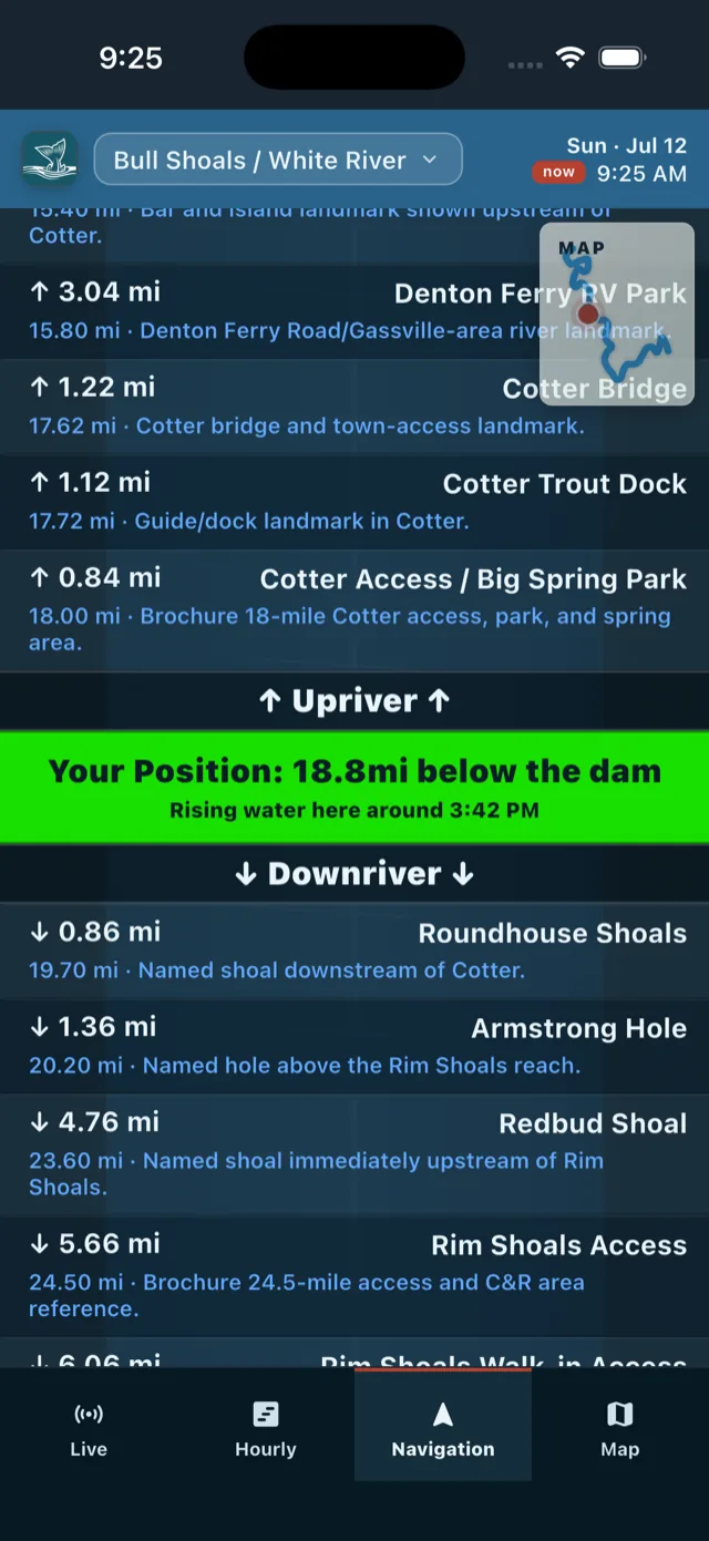 River navigation: landmarks upriver and downriver of your position 18.8 miles below the dam, with rising water expected at 3:42 PM